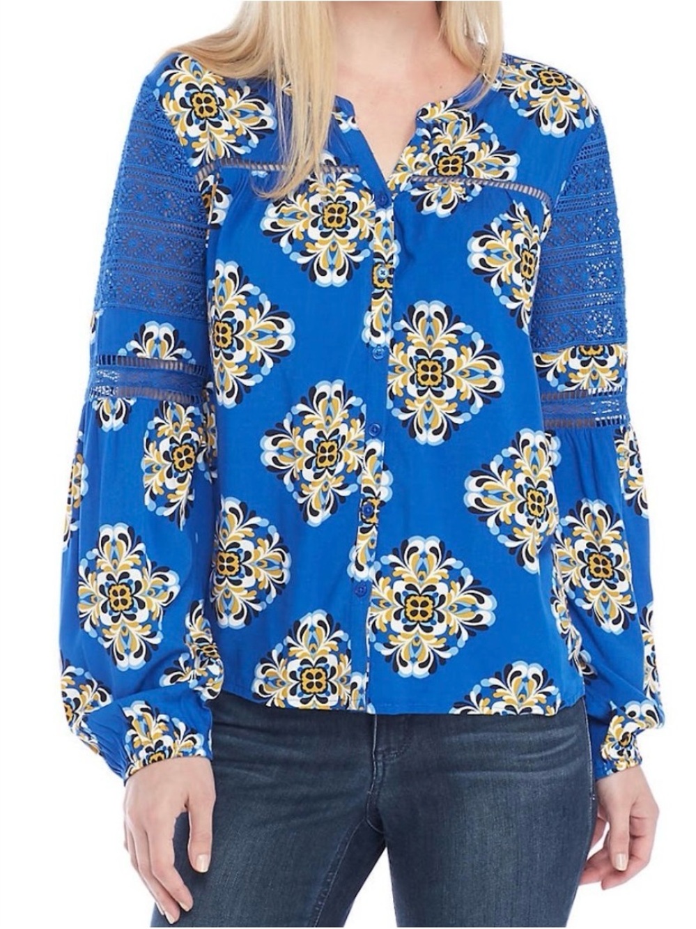 crown & ivy Blue Floral Medallion Button-Front Blouse